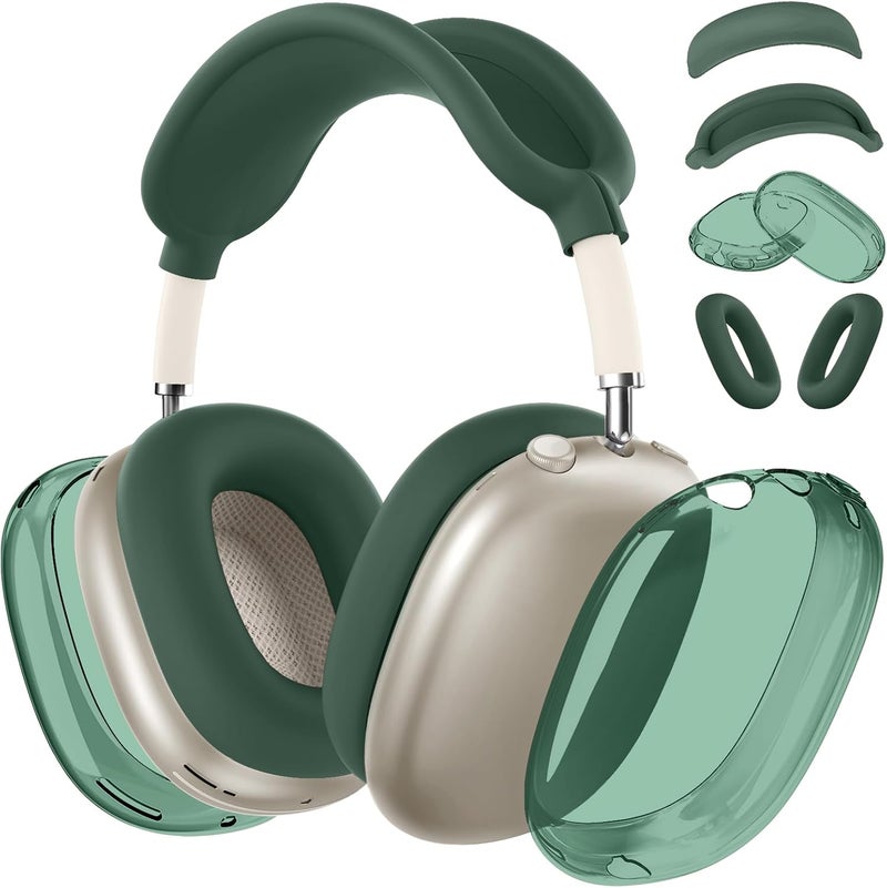 MINDRESY [4 in 1] Silicone Case Cover for AirPods Max,Clear Soft TPU Ear Cups Cover/Ear Pad Case/Headband Covers for AirPods Max (2024/2020),Transparent Accessories for Apple AirPod Max (USB-C),Dark Green - Image 1